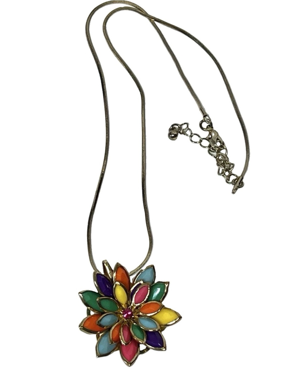 Vintage Multicolored Layered Flower Necklace Pendant Starburst Gold Tone 18”